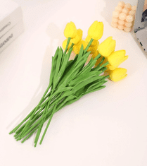 Camerazar Dekoračná kytica 10 umelých tulipánov, žltá farba, materiál: silikón a plast, dĺžka: 34 cm