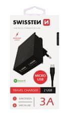 SWISSTEN SIEŤOVÝ ADAPTÉR SMART IC, CE 2x USB 3 A POWER ČIERNY+ DÁTOVÝ KÁBEL USB / MICRO USB 1,2 M ČIERNY