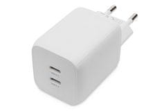 Digitus Miniatúrna nabíjačka USB-C, 2portová, 65W 2x USB-C, 45W+20W, biela.