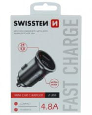 Swissten cl adaptér 2x usb 4,8a metal strieborný