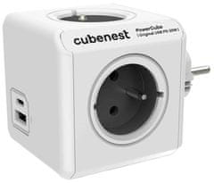 PowerCube Cubenest Original USB PD 20W, A+C, 4× zásuvka, biela/sivá, detská poistka, uzemnenie, max. 16A/250V~3680W