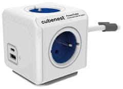 PowerCube Cubenest Extended USB PD 20W, A+C, 4× zásuvka, 1,5m, biela/modrá, detská poistka, uzemnenie, dok, 10A/250V