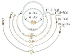For Fun & Home Sada 6 zlatých náramkov na dlani slona, krémová farba, šperk z kovu a korálok, dĺžka 15-18 cm + 5 cm predĺženie
