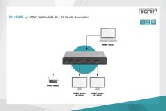 Digitus 4K HDMI Rozbočovač, 1x2, 4K2K, UHD/60Hz EDID, HDR a downscaling na Full HD, HDCP, čierna