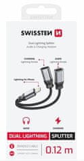 SWISSTEN NABÍJACÍ AUDIO ADAPTÉR TEXTILE LIGHTNING (samec) / 2x LIGHTNING (samica) 0,12 M ČIERNY