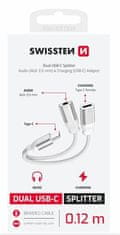 SWISSTEN NABÍJACÍ AUDIO ADAPTÉR TEXTILE USB-C (samec) / USB-C (samica) a 3,5mm AUX 0,12 M BIELÝ