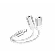 SWISSTEN NABÍJACÍ AUDIO ADAPTÉR TEXTILE USB-C (samec) / USB-C (samica) a 3,5mm AUX 0,12 M BIELÝ