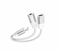 SWISSTEN NABÍJACÍ AUDIO ADAPTÉR TEXTILE USB-C (samec) / USB-C (samica) a 3,5mm AUX 0,12 M BIELÝ