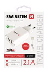 SWISSTEN SIEŤOVÝ ADAPTÉR SMART IC, CE 2x USB 2,1 A POWER BIELÝ + DÁTOVÝ KÁBEL USB / LIGHTNING 1,2 M BIELÝ