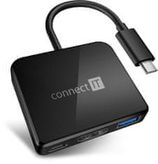 Connect IT USB-C húb, 3v1 (USB-C, USB-A, HDMI), externý, ČIERNY