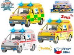 Kids Globe Traffic ambulancia 14 cm kov spätný chod na batérie český design svetlo a zvuk