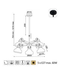 ACA Závesné svietidlo PARALIA max. 5x60W/E27/230V/IP20