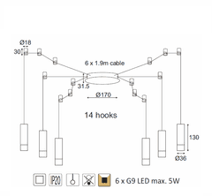 ACA Závesné svietidlo TERES max. 6x5W/G9/230V/IP20