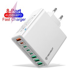 Techsuit Sieťová nabíjačka – 4 x USB, 4 x Type-C, Rýchle nabíjanie, 65W – Biela KP36768