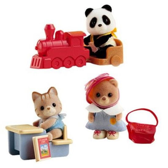 Sylvanian Families Baby príslušenstvo - panda, medvedík a veverička sa hrajú doma