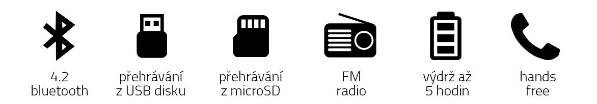 bluetooth usb microSD fm rádio výdrž batérie 5 h hands-free