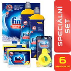 Finish To najlepšie pre vašu umývačku – 2× Soľ 1,5 kg + Leštidlo Shine&Dry Lemon 800 ml + 2× Osviežovač Odor Stop Easy Clip + Čistič umývačky 250 ml + Kapsule na čistenie umývačky 3 ks - rozbalené