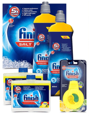 Finish To najlepšie pre vašu umývačku – 2× Soľ 1,5 kg + Leštidlo Shine&Dry Lemon 800 ml + 2× Osviežovač Odor Stop Easy Clip + Čistič umývačky 250 ml + Kapsule na čistenie umývačky 3 ks - rozbalené