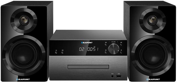 Bluetooth mikrosystém Blaupunkt ms50bt dosah 10 m fm tuner s pll pamäť 40 staníc funkcie budíka a hodín rms 120 w výkon