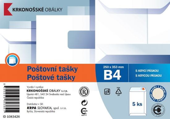 KRKONOŠSKÉ OBÁLKY Poštové taška B4 biela rec. samolepiace s KP, 250 x 353, 5 ks