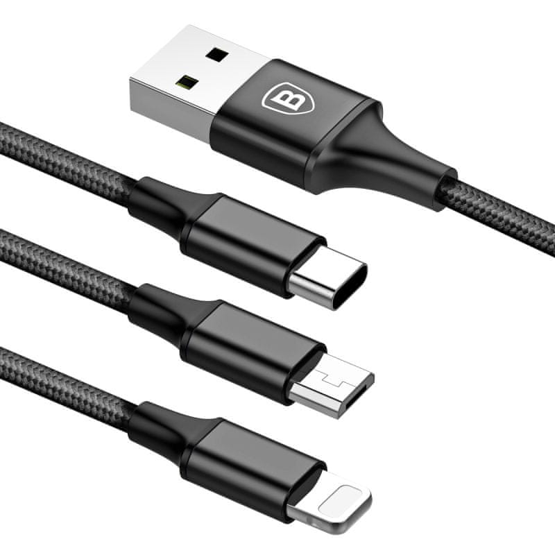  Baseus Rapid 3 v 1 nabíjací kábel pre Micro USB, Lightning, Type-C 3A/1.2 m, čierna CAMLT-SU01 nabíjací kábel