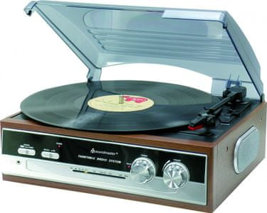 retro gramofón soundmaster pl186h retro štýl 3 rýchlosti otáčok rca výstup pripojenie slúchadiel protiprachový kryt vstavané reproduktory am fm rádio