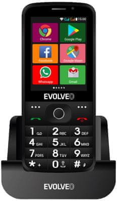 Evolveo EasyPhone AD, Dual SIM, tlačidlový telefón, dotykový displej, Android, Wi-Fi, 3G, Bluetooth, veľká výdrž batérie, SOS tlačidlo, nabíjací stojan, FM rádio