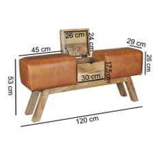 Bruxxi Kožená lavica s dreveným boxom, 120 cm, hnedá