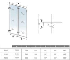 H K Vaňová zástena S2 CLEAR 120x140cm – dvojdielna sklopná, číre sklo