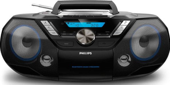 rádiomagnetofón philips azb798t Bluetooth 90s dizajn fm dab dab+ tuner 20 predvolieb dosah 10 m cd mechanika kazetový prehrávač usb direct audio in vstup reproduktory 12 w akumulátorová prevádzka