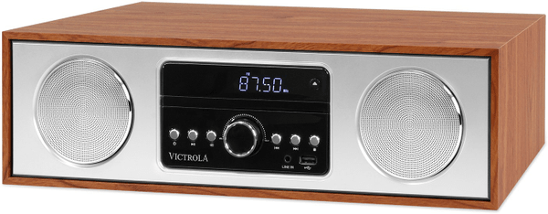 Bluetooth mikrosystém victrola vs-120 usb port cd prehrávač fm tuner rozhlas aux in 3,5 mm jack kvalitný zvuk 30 w výkon ekvalizér diaľkové ovládanie retro štýl displej otočné ovládanie drevená skriňa