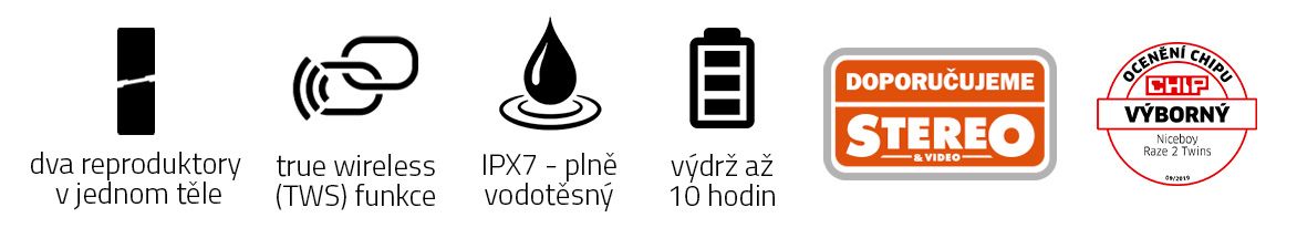 bluetooth 4.2 reproduktor raze 2 twins priestorový zvuk 360° vodeodolné krytie IPX7 výdrž batérie 8 až 10 h