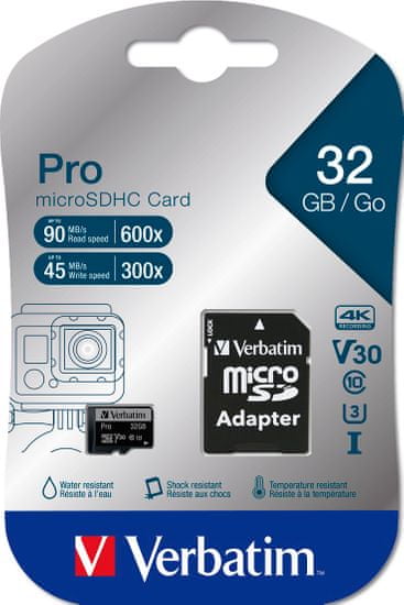 VERBATIM Pre microSDHC 32GB UHS-I V30 U3 + SD adaptér (47041)