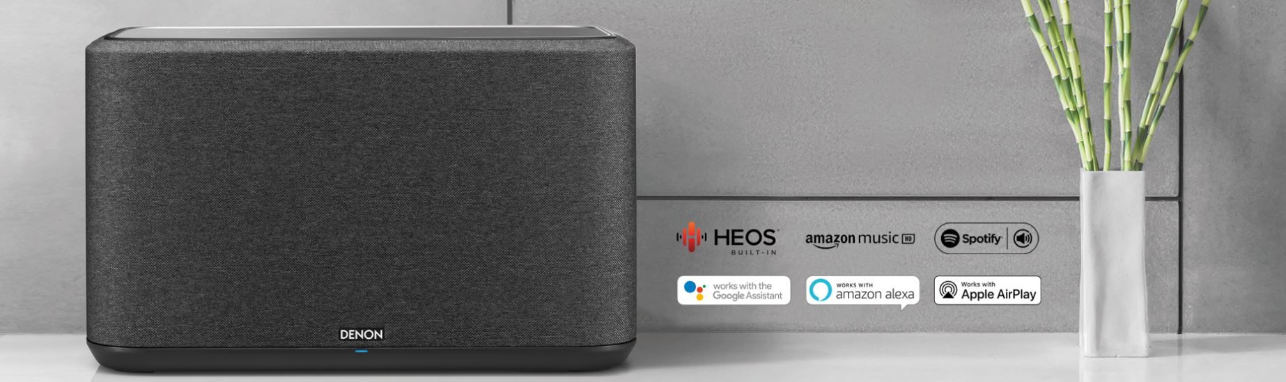 bezdrátový reproduktor denon home 350 elegantní minimalistický heos amazon music spotify google assistant amazon alexa apple airplay špičkové širokopásmové měniče 6 tlačítek rychlé volby  tune in deezer tidal dotekový senzor bluetooth  flac wav alac dsd wifi aux in rj-45 usb síťové napájení 140 w výkon 6 class d zesilovače