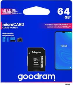 Pamäťová karta Goodram microSDXC 64 GB M1AA, UHS-I Class 10, U1 + adaptér (M1AA-0640R12) microSDHC SDHC adaptér, vysoká kapacita