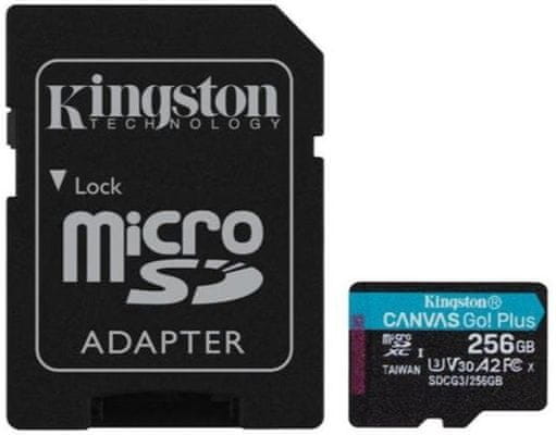 Pamäťová karta Kingston microSDXC 256GB Canvas Go Plus 170R A2 U3 V30 + adaptér (SDCG3/256GB), vysoká kapacita