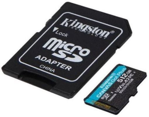 Pamäťová karta Kingston microSDXC 512GB Canvas Go Plus 170R A2 U3 V30 + adaptér (SDCG3/512GB), vysoká kapacita