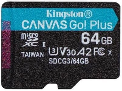 Pamäťová karta Kingston microSDXC 64GB Canvas Go Plus 170R A2 U3 V30 (SDCG3/64GBSP), vysoká kapacita