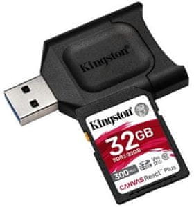 Pamäťová karta Kingston SDHC 32GB Canvas React Plus UHS-II V90 + čítačka (MLPR2/32GB) vysoká kapacita