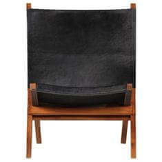 Vidaxl Skladacia relaxačná stolička, čierna, pravá koža