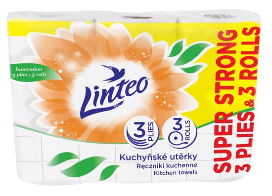 LINTEO Kuchynské utierky 3 role, 3 vrstvové, biele 16m