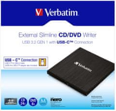 VERBATIM Externá CD/DVD Slimline napaľovačka USB-C, čierna (43886) + Nero
