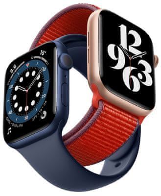 Inteligentné hodinky Apple Watch Series 6, Retina OLED displej stále zapnutý EKG monitorovanie tepu srdca hudobný prehrávač volanie notifikácia NFC platby Apple Pay hluk App Store okysličenie krvy, detekcia pádu