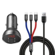 BASEUS Digital 2x USB autonabíjačka + 3in1 kábel USB - UBS C / Micro USB / Lightning 1.2m, čierna