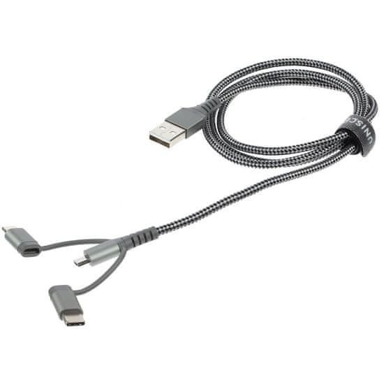 HardCord Extra silný nabíjací kábel 3v1, ťažná sila 70 kg, Lightning, Micro USB, USB-C