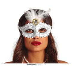 Škraboška - maska biela s perím - Ples - Karneval