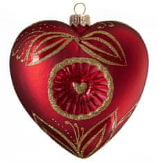 Decor By Glassor Vianočné srdce červené s vpichom, zlaté listy