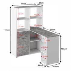 KONDELA Rohový PC stolík s regálom Mineson - biela / betón