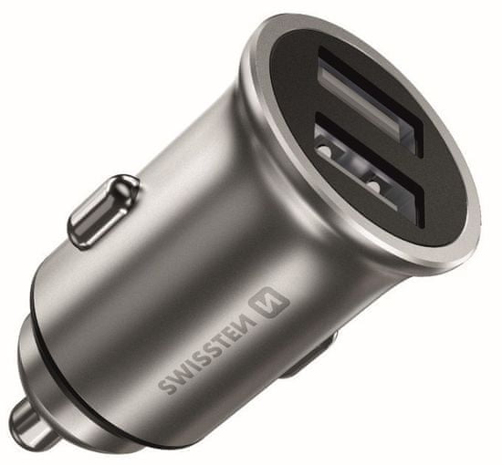 SWISSTEN CL adaptér 2× USB 4,8 A metal 20115100, strieborný