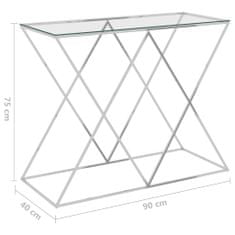 Vidaxl Príručný stolík strieborný 90x40x75 cm z nehrdzavejúca oceľ a sklo